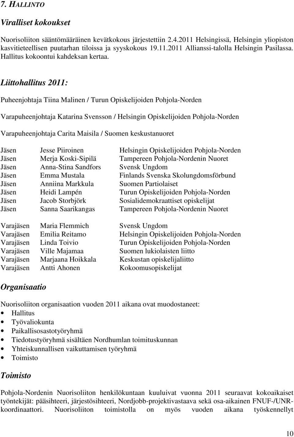 Liittohallitus 2011: Puheenjohtaja Tiina Malinen / Turun Opiskelijoiden Pohjola-Norden Varapuheenjohtaja Katarina Svensson / Helsingin Opiskelijoiden Pohjola-Norden Varapuheenjohtaja Carita Maisila /