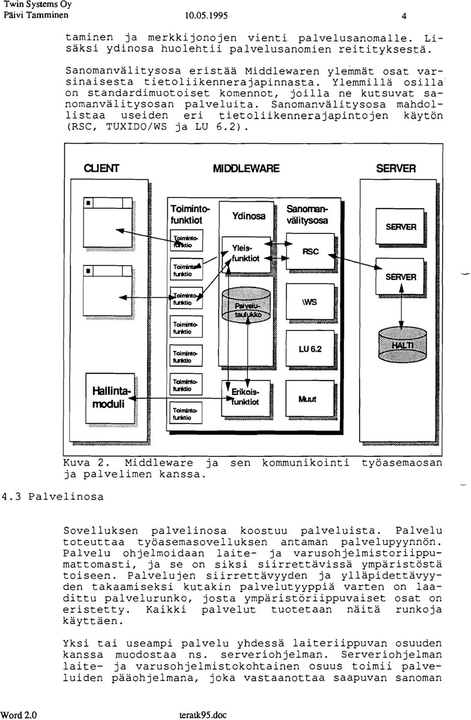 Sanomanvalitysosa mahdollistaa useiden eri tietoliikennerajapintojen käytön (RSC, TUXIDO/WS ja LU 6.2). CUENT MIDDLRNARE SERVER - 4.3 Palvelinosa Kuva 2.