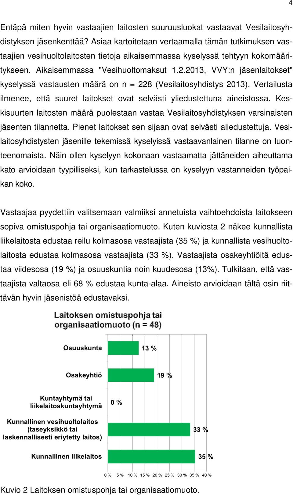 2013, VVY:n jäsenlaitokset kyselyssä vastausten määrä on n = 228 (Vesilaitosyhdistys 2013). Vertailusta ilmenee, että suuret laitokset ovat selvästi yliedustettuna aineistossa.