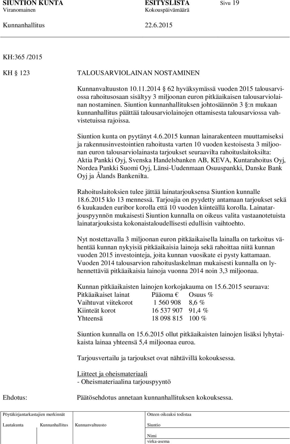 n kunnanhallituksen johtosäännön 3 :n mukaan kunnanhallitus päättää talousarviolainojen ottamisesta talousarviossa vahvistetuissa rajoissa. n kunta on pyytänyt 4.6.