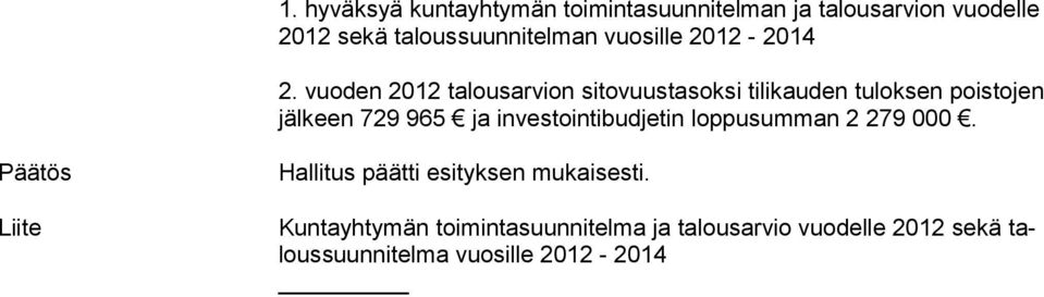 vuoden 2012 talousarvion sitovuustasoksi tilikauden tuloksen poistojen jälkeen