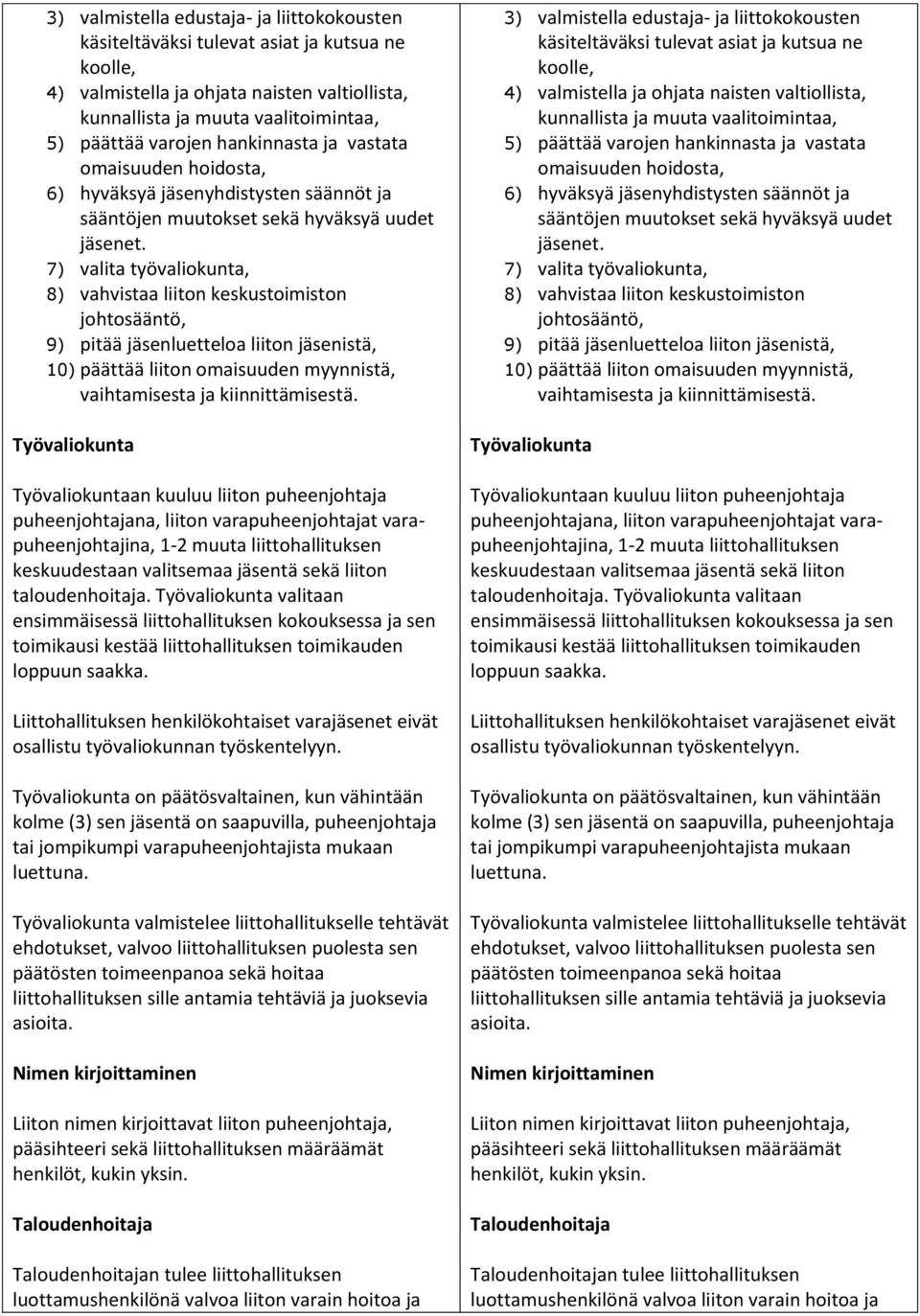 7) valita työvaliokunta, 8) vahvistaa liiton keskustoimiston johtosääntö, 9) pitää jäsenluetteloa liiton jäsenistä, 10) päättää liiton omaisuuden myynnistä, vaihtamisesta ja kiinnittämisestä.