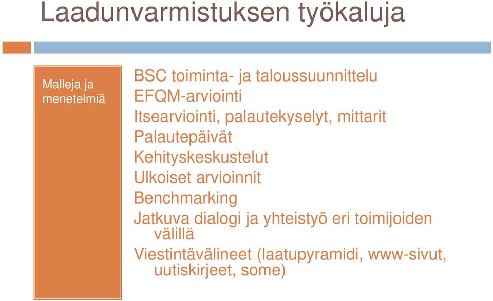 Palautepäivät Kehityskeskustelut Ulkoiset arvioinnit Benchmarking Jatkuva