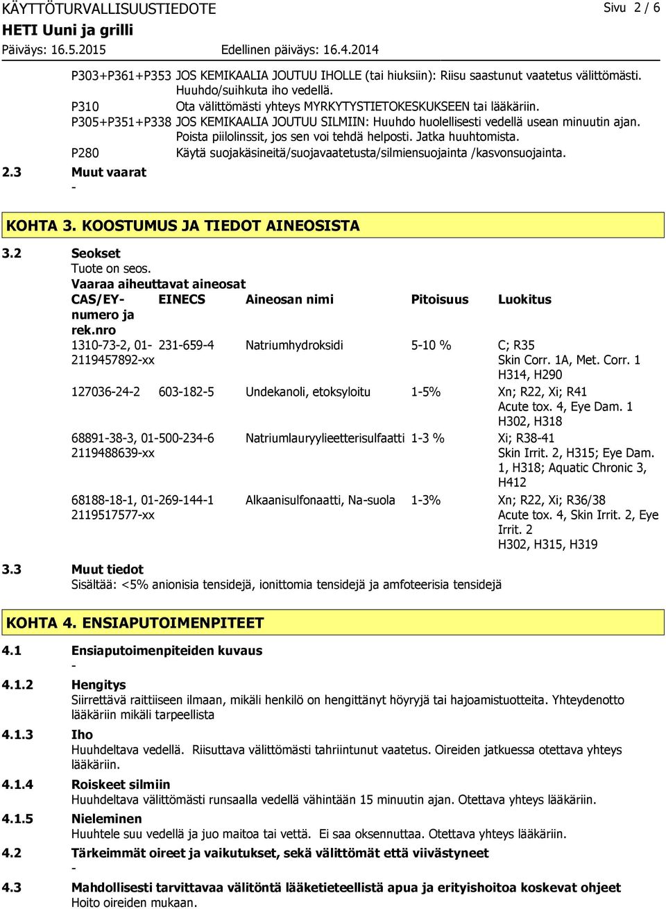 Poista piilolinssit, jos sen voi tehdä helposti. Jatka huuhtomista. P280 Käytä suojakäsineitä/suojavaatetusta/silmiensuojainta /kasvonsuojainta. 2.3 Muut vaarat KOHTA 3.