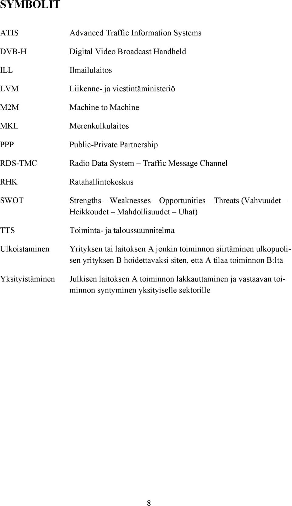 Threats (Vahvuudet Heikkoudet Mahdollisuudet Uhat) TTS Ulkoistaminen Yksityistäminen Toiminta- ja taloussuunnitelma Yrityksen tai laitoksen A jonkin toiminnon siirtäminen