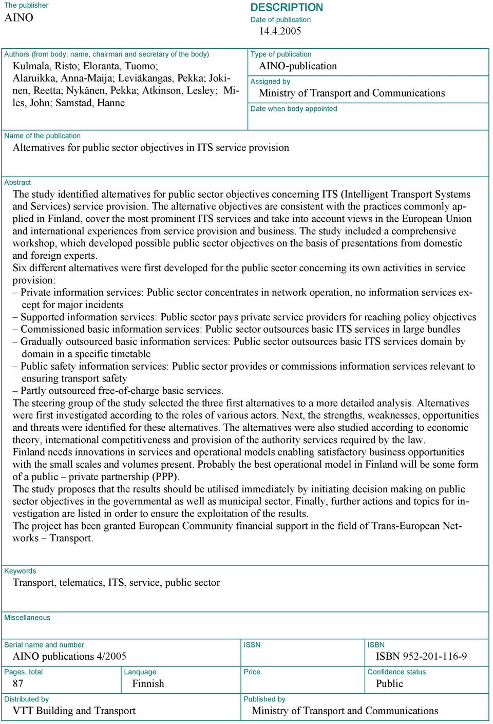 4.2005 Type of publication AINO-publication Assigned by Ministry of Transport and Communications Date when body appointed Name of the publication Alternatives for public sector objectives in ITS