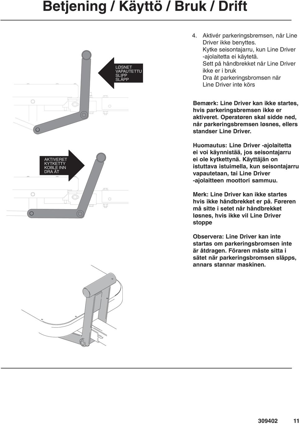 Operatøren skal sidde ned, når parkeringsbremsen løsnes, ellers standser Line Driver.