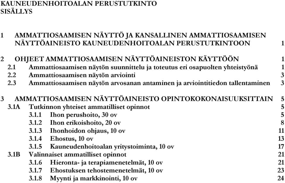 3 Ammattiosaamisen näytön arvosanan antaminen ja arviointitiedon tallentaminen 3 3 AMMATTIOSAAMISEN NÄYTTÖAINEISTO OPINTOKOKONAISUUKSITTAIN 5 3.1A Tutkinnon yhteiset ammatilliset opinnot 5 3.1.1 Ihon perushoito, 30 ov 5 3.