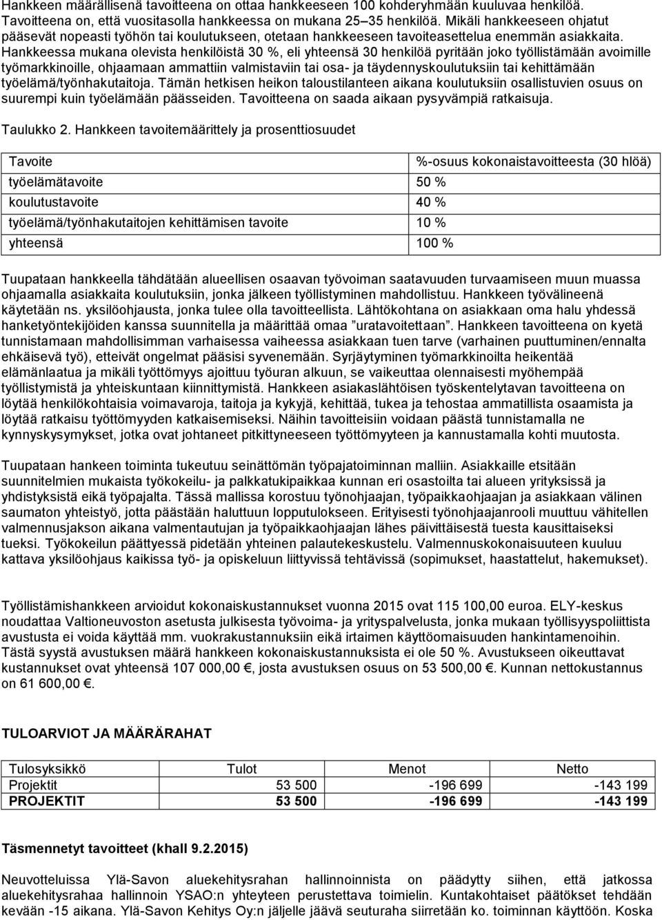 Hankkeessa mukana olevista henkilöistä 30 %, eli yhteensä 30 henkilöä pyritään joko työllistämään avoimille työmarkkinoille, ohjaamaan ammattiin valmistaviin tai osa- ja täydennyskoulutuksiin tai