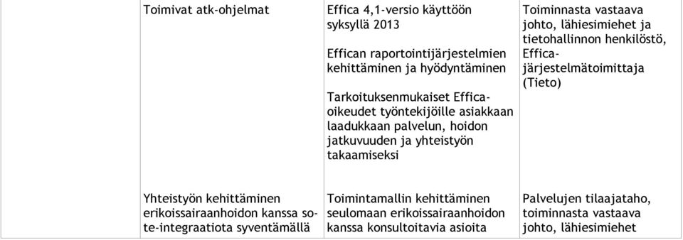 lähiesimiehet ja tietohallinnon henkilöstö, Efficajärjestelmätoimittaja (Tieto) Yhteistyön kehittäminen erikoissairaanhoidon kanssa