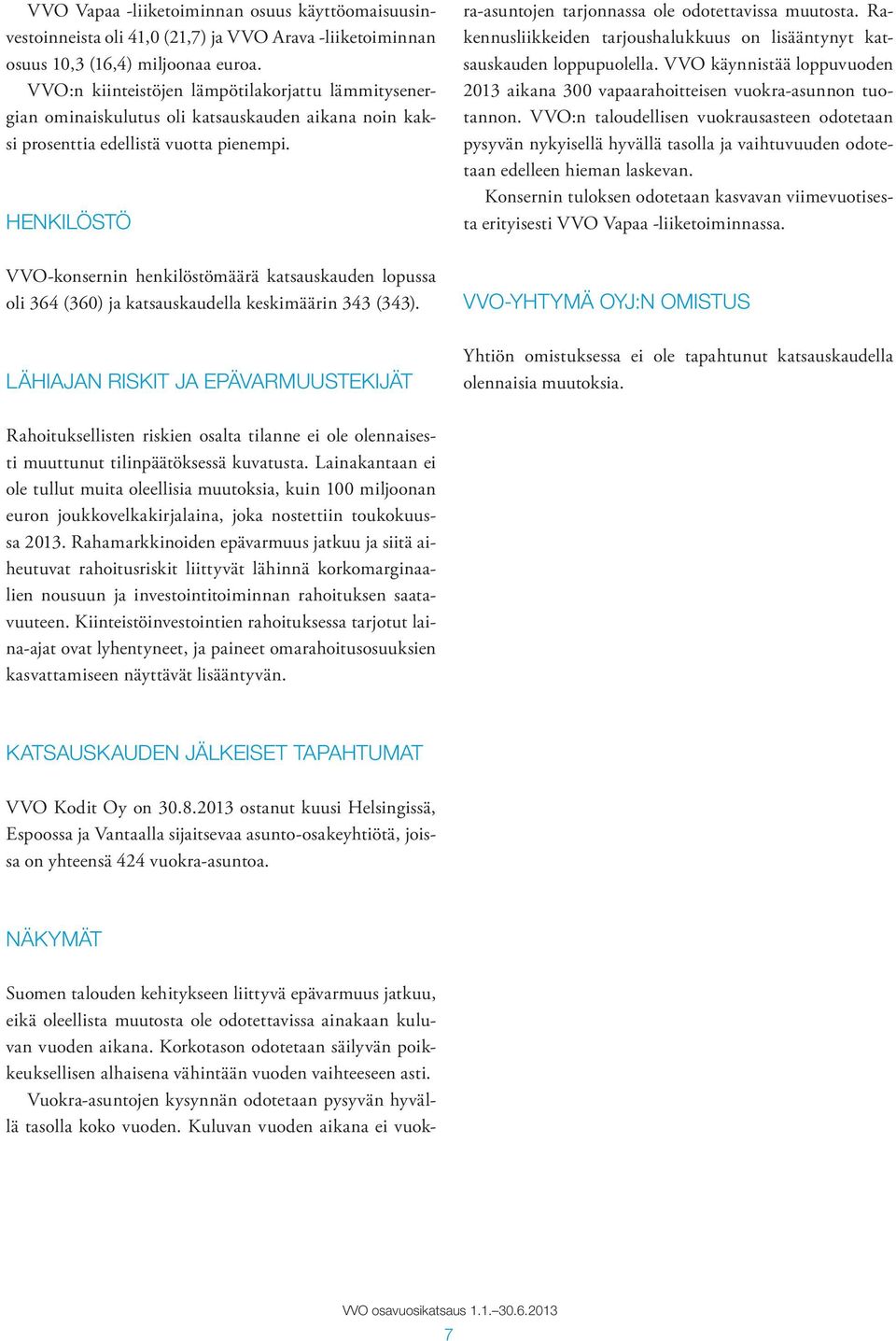 HENKILÖSTÖ VVO-konsernin henkilöstömäärä katsauskauden lopussa oli 364 (360) ja katsauskaudella keskimäärin 343 (343).