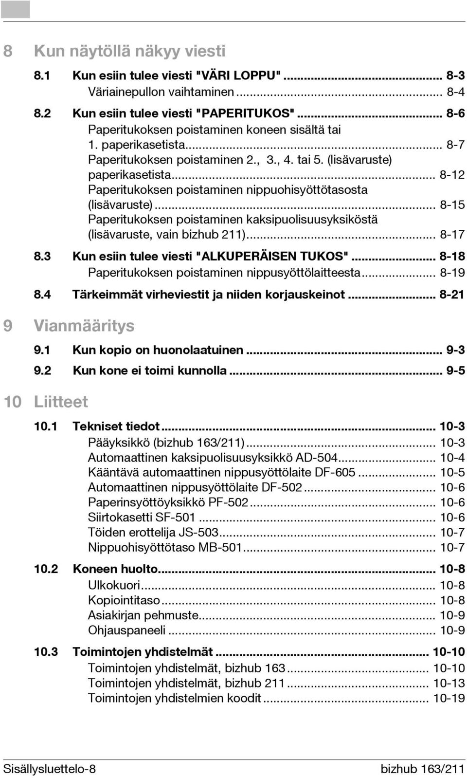 .. 8-12 Paperitukoksen poistaminen nippuohisyöttötasosta (lisävaruste)... 8-15 Paperitukoksen poistaminen kaksipuolisuusyksiköstä (lisävaruste, vain bizhub 211)... 8-17 8.