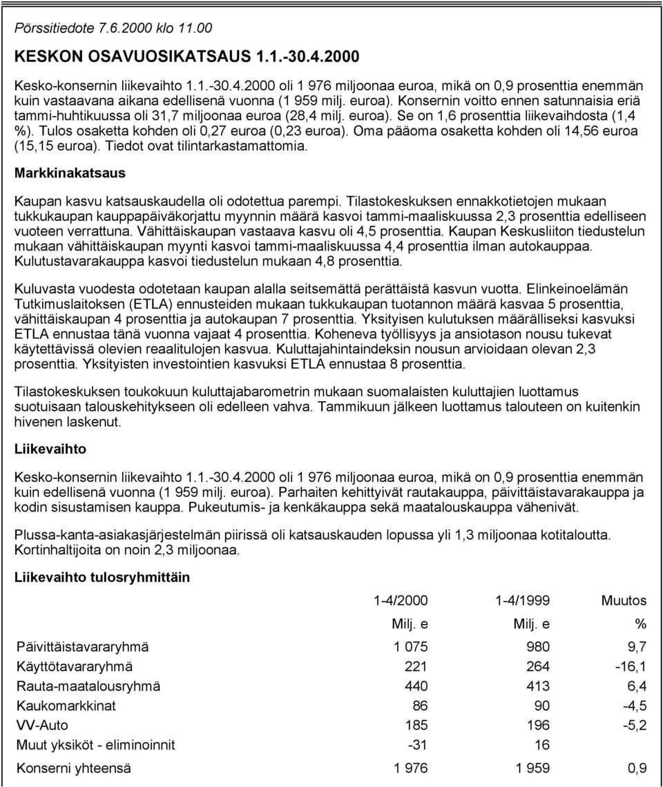 Tulos osaketta kohden oli 0,27 euroa (0,23 euroa). Oma pääoma osaketta kohden oli 14,56 euroa (15,15 euroa). Tiedot ovat tilintarkastamattomia.