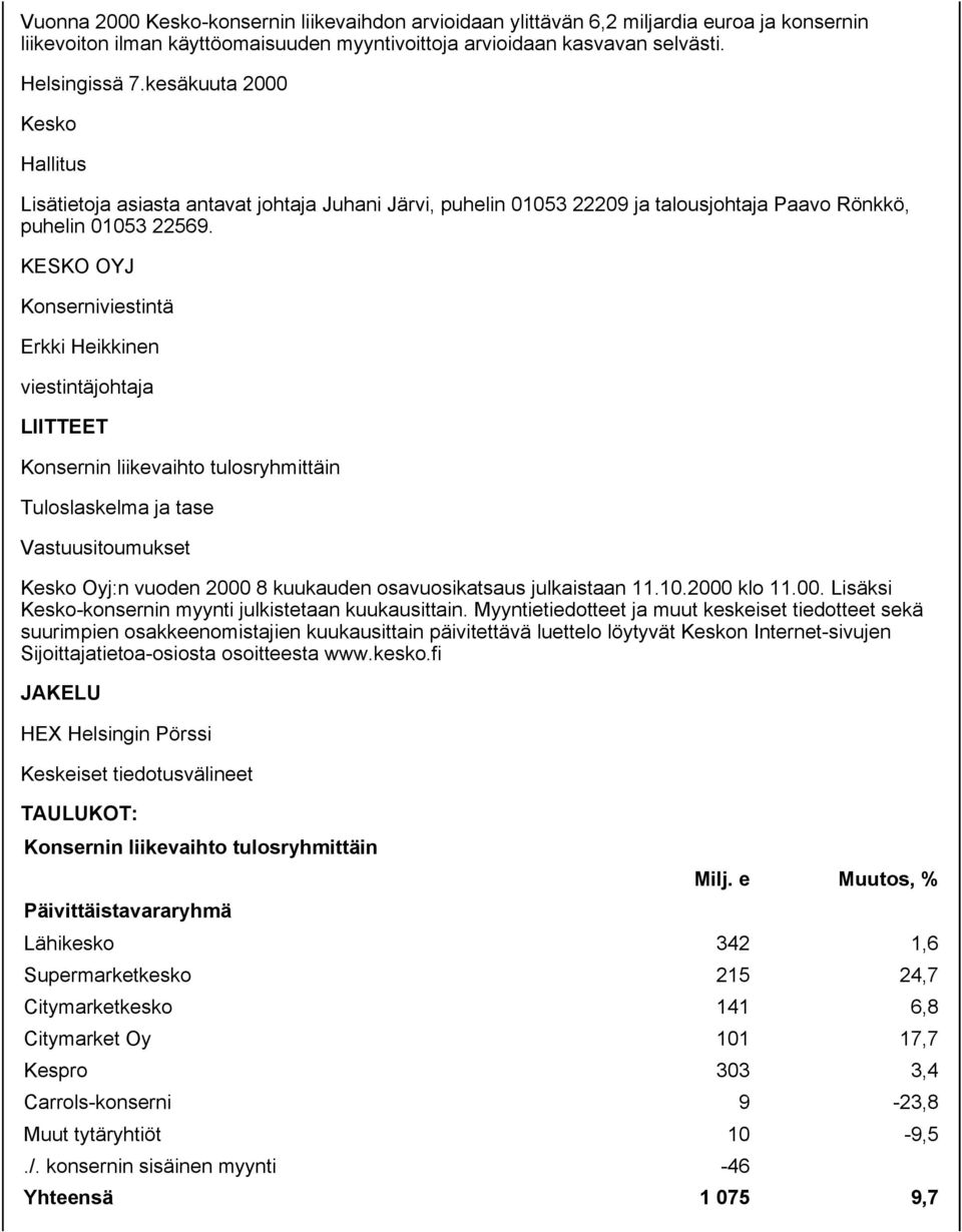 KESKO OYJ Konserniviestintä Erkki Heikkinen viestintäjohtaja LIITTEET Konsernin liikevaihto tulosryhmittäin Tuloslaskelma ja tase Vastuusitoumukset Kesko Oyj:n vuoden 2000 8 kuukauden osavuosikatsaus