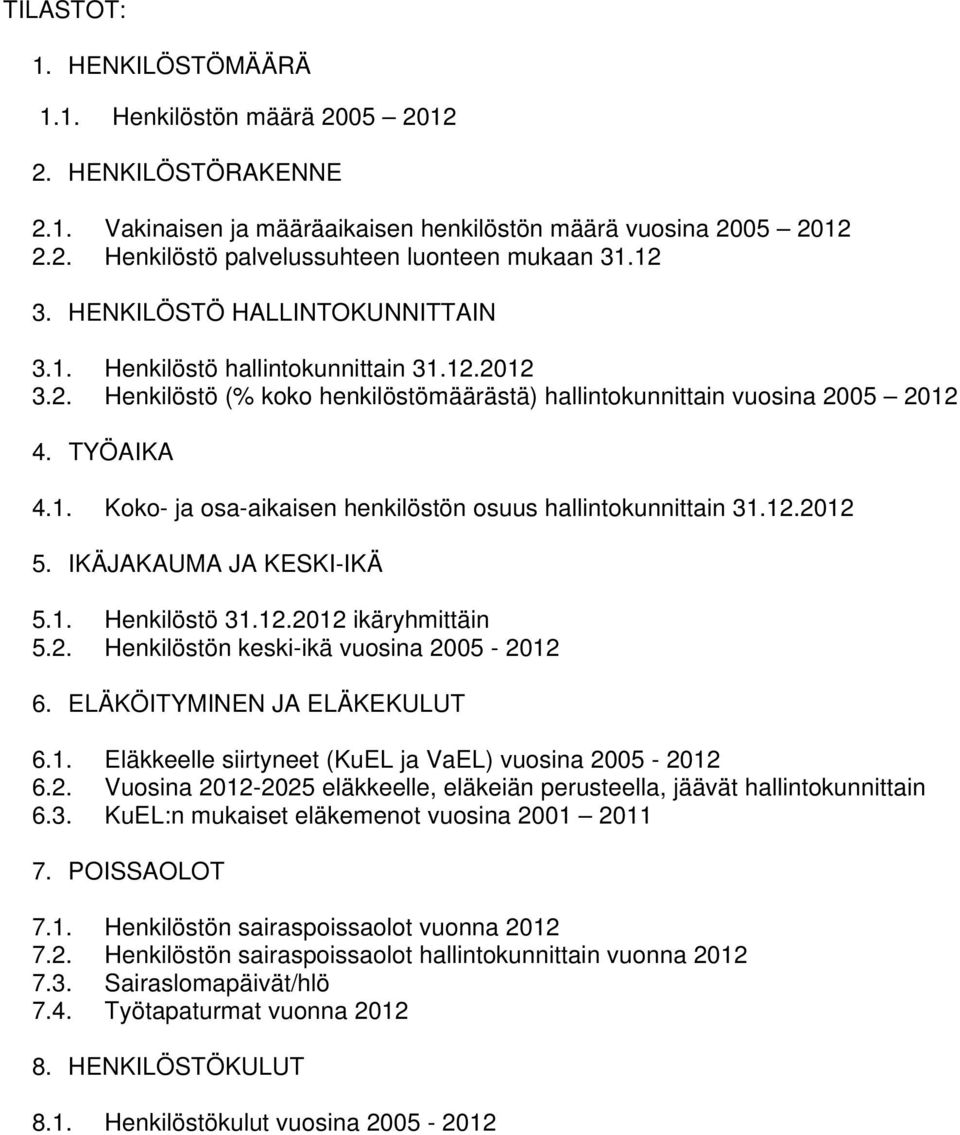 12.2012 5. IKÄJAKAUMA JA KESKI-IKÄ 5.1. Henkilöstö 31.12.2012 ikäryhmittäin 5.2. Henkilöstön keski-ikä vuosina 2005-2012 6. ELÄKÖITYMINEN JA ELÄKEKULUT 6.1. Eläkkeelle siirtyneet (KuEL ja VaEL) vuosina 2005-2012 6.