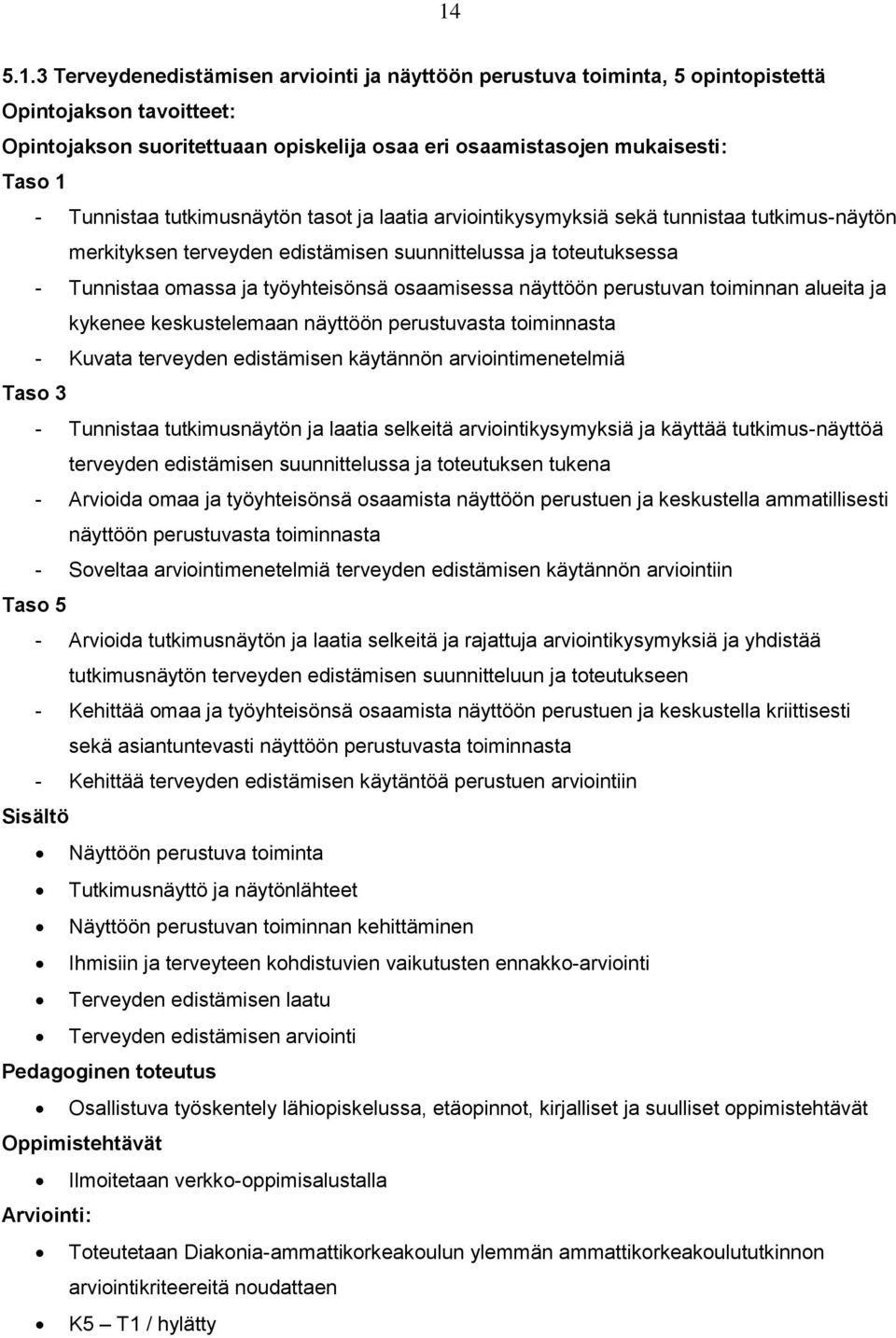 osaamisessa näyttöön perustuvan toiminnan alueita ja kykenee keskustelemaan näyttöön perustuvasta toiminnasta - Kuvata terveyden edistämisen käytännön arviointimenetelmiä Taso 3 - Tunnistaa