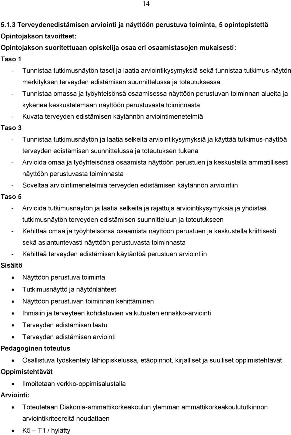 osaamisessa näyttöön perustuvan toiminnan alueita ja kykenee keskustelemaan näyttöön perustuvasta toiminnasta - Kuvata terveyden edistämisen käytännön arviointimenetelmiä Taso 3 - Tunnistaa