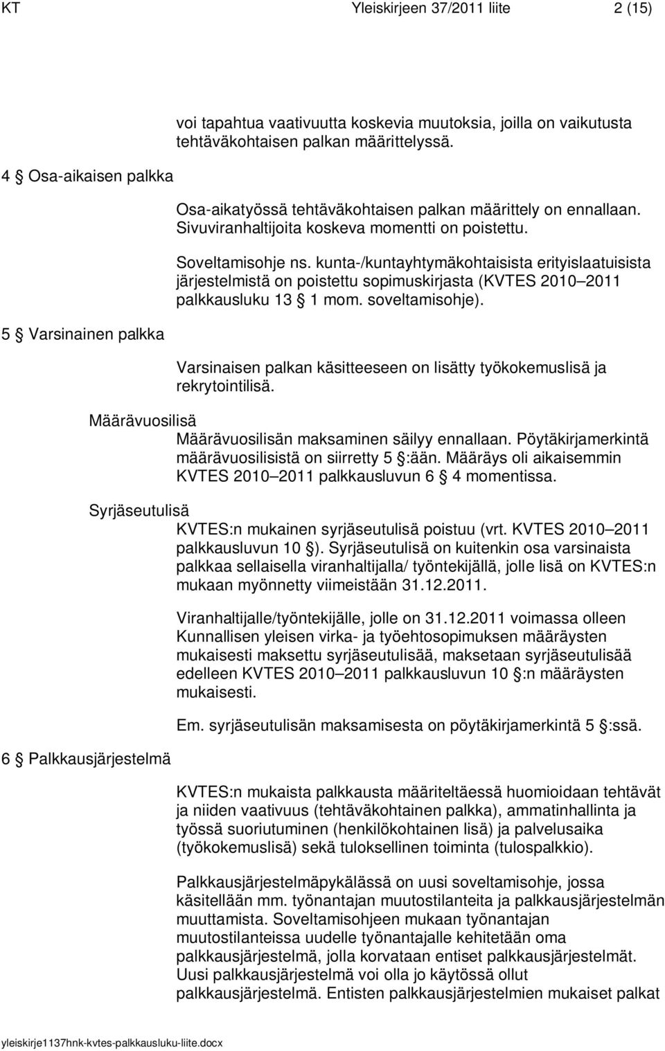 kunta-/kuntayhtymäkohtaisista erityislaatuisista järjestelmistä on poistettu sopimuskirjasta (KVTES 2010 2011 palkkausluku 13 1 mom. soveltamisohje).