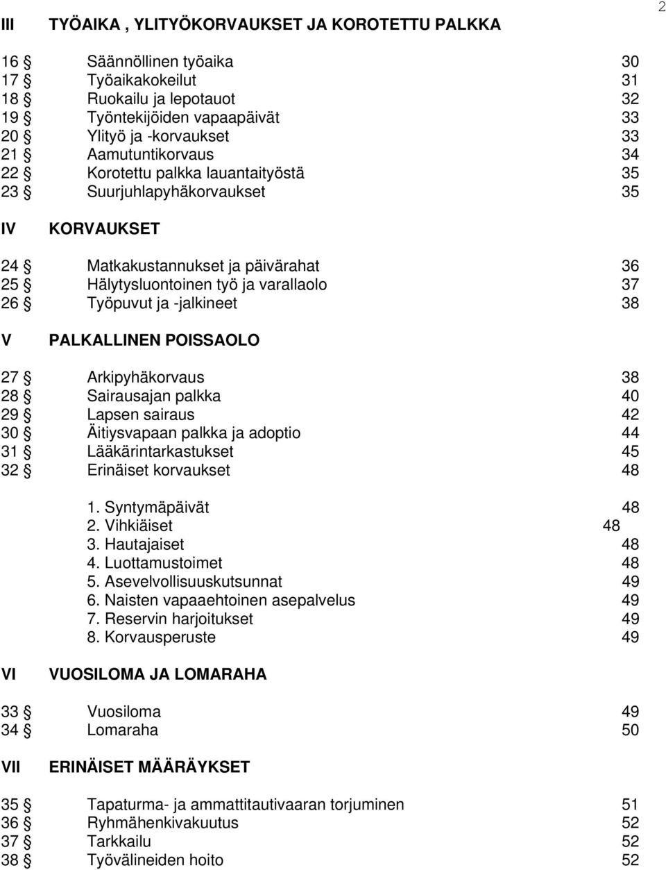 -jalkineet 38 V PALKALLINEN POISSAOLO 27 Arkipyhäkorvaus 38 28 Sairausajan palkka 40 29 Lapsen sairaus 42 30 Äitiysvapaan palkka ja adoptio 44 31 Lääkärintarkastukset 45 32 Erinäiset korvaukset 48 1.