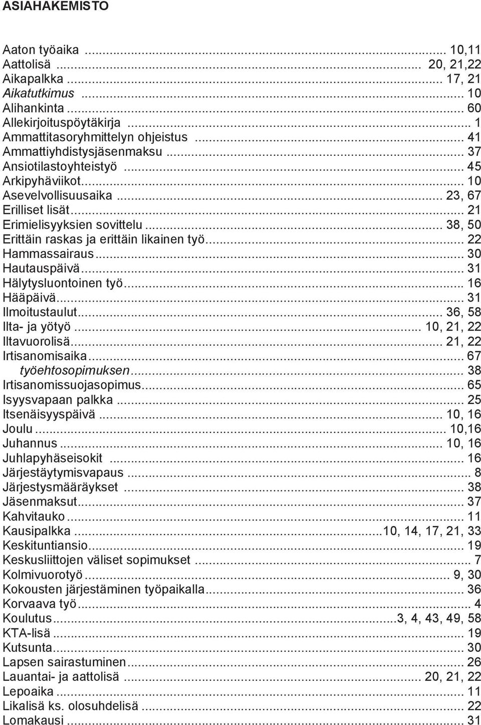 .. 38, 50 Erittäin raskas ja erittäin likainen työ... 22 Hammassairaus... 30 Hautauspäivä... 31 Hälytysluontoinen työ... 16 Hääpäivä... 31 Ilmoitustaulut... 36, 58 Ilta- ja yötyö.