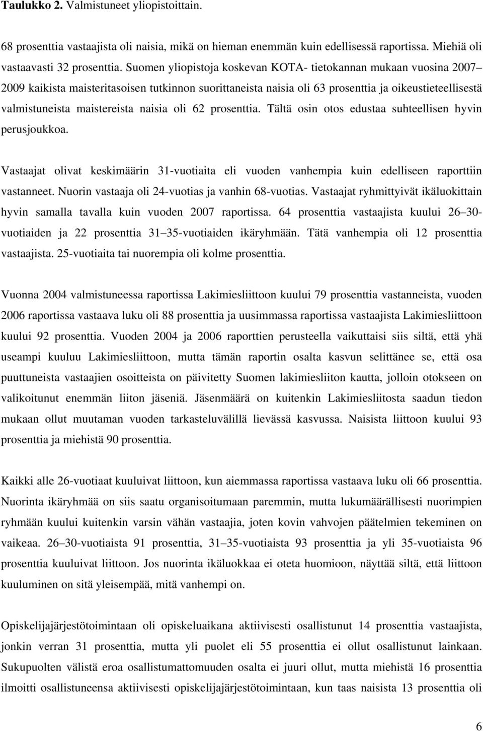 naisia oli 62 prosenttia. Tältä osin otos edustaa suhteellisen hyvin perusjoukkoa. Vastaajat olivat keskimäärin 31-vuotiaita eli vuoden vanhempia kuin edelliseen raporttiin vastanneet.