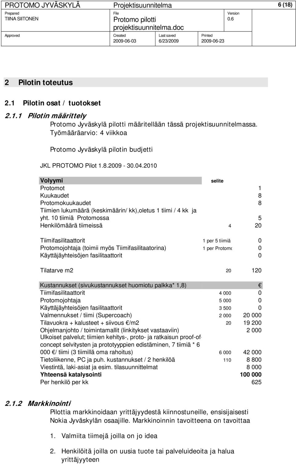 2010 Volyymi selite Protomot 1 Kuukaudet 8 Protomokuukaudet 8 Tiimien lukumäärä (keskimäärin/ kk),oletus 1 tiimi / 4 kk ja yht.