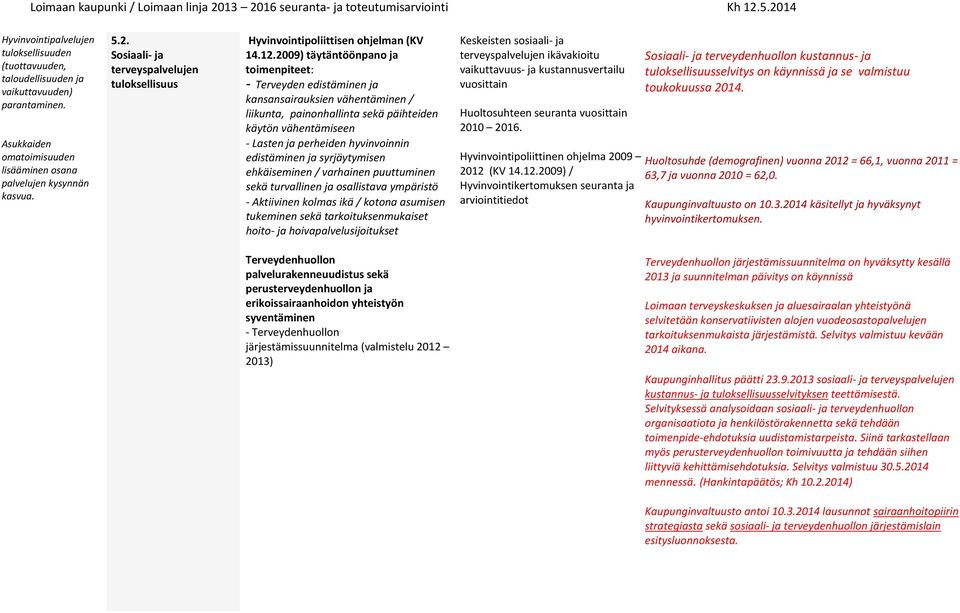 2009) täytäntöönpano ja toimenpiteet: - Terveyden edistäminen ja kansansairauksien vähentäminen / liikunta, painonhallinta sekä päihteiden käytön vähentämiseen - Lasten ja perheiden hyvinvoinnin