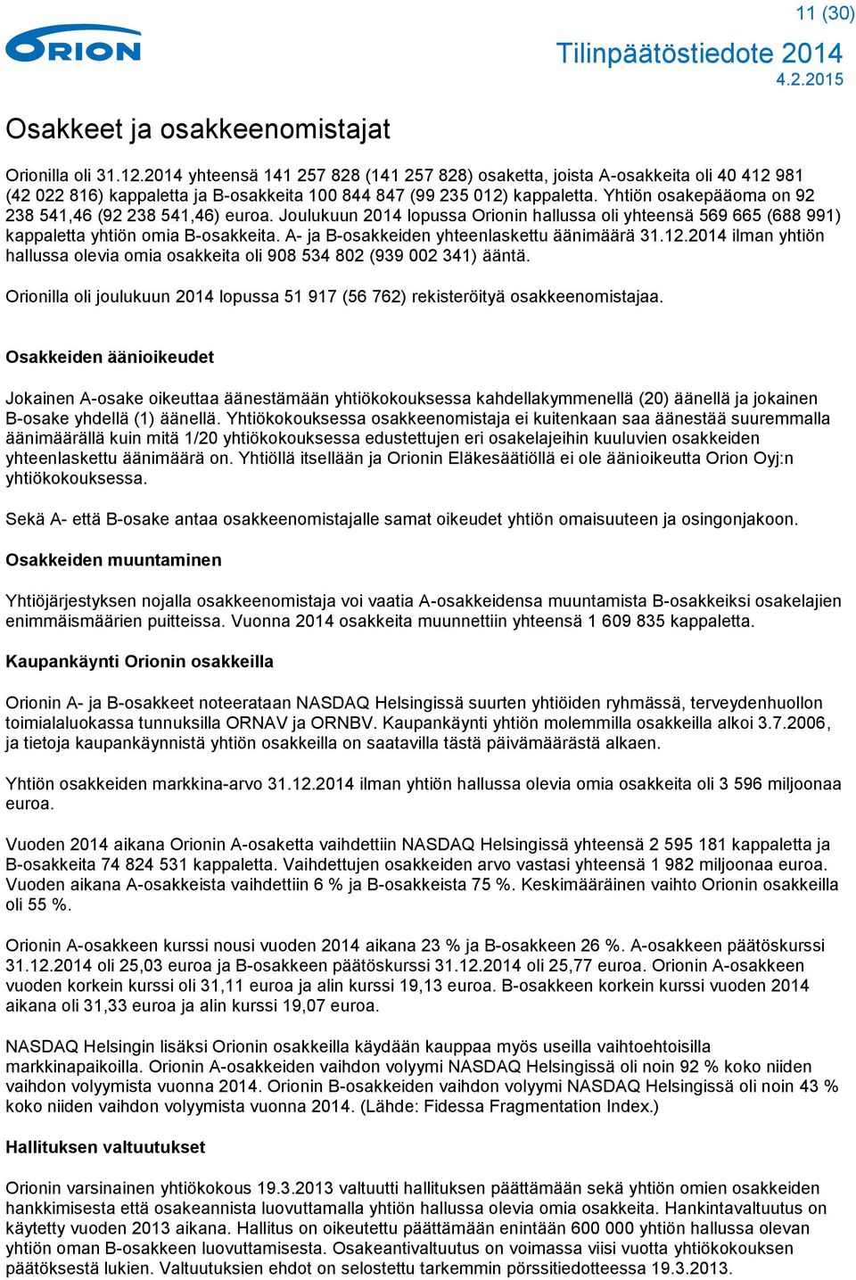 Yhtiön osakepääoma on 92 238 541,46 (92 238 541,46) euroa. Joulukuun 2014 lopussa Orionin hallussa oli yhteensä 569 665 (688 991) kappaletta yhtiön omia B-osakkeita.