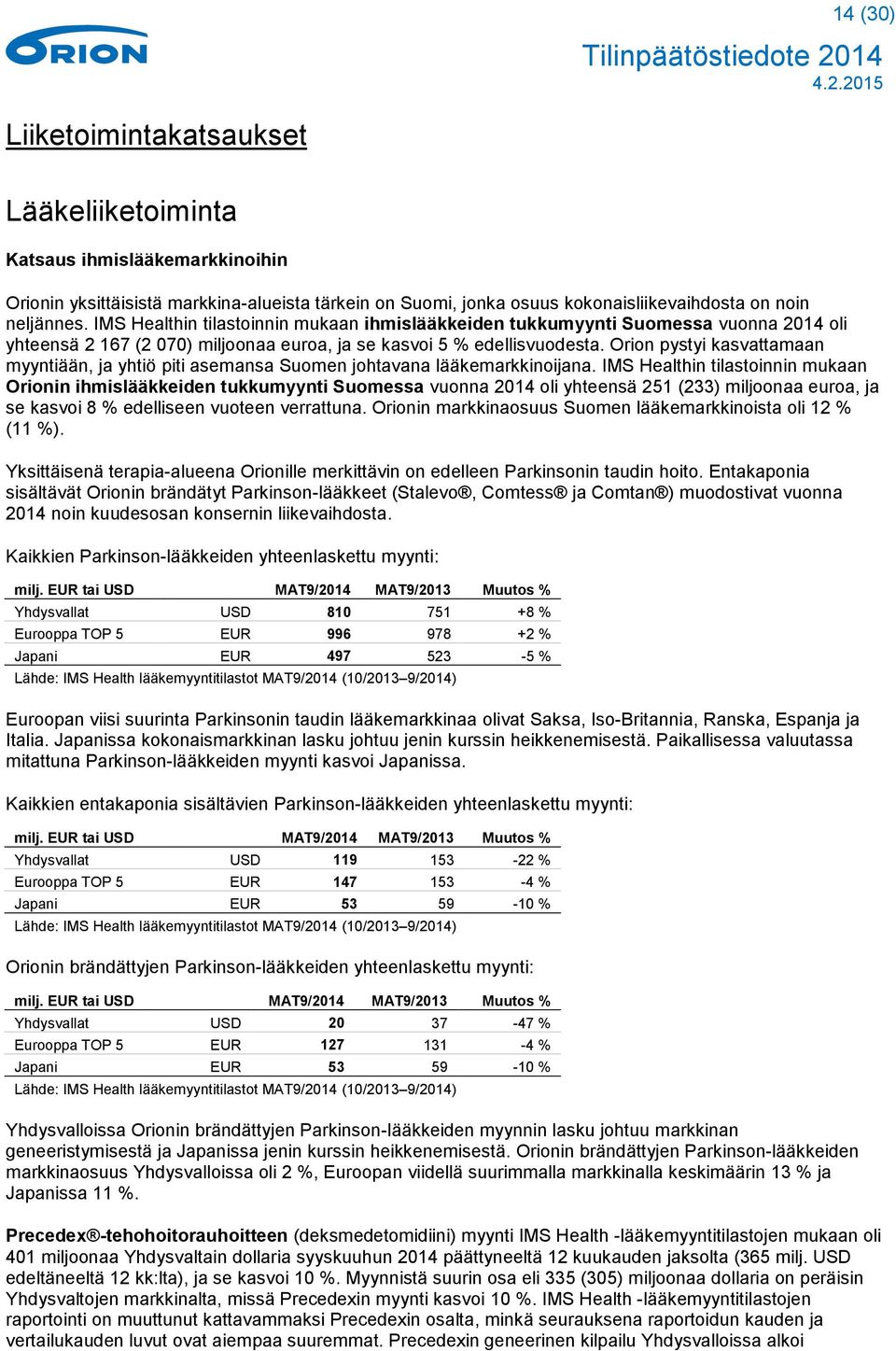 Orion pystyi kasvattamaan myyntiään, ja yhtiö piti asemansa Suomen johtavana lääkemarkkinoijana.