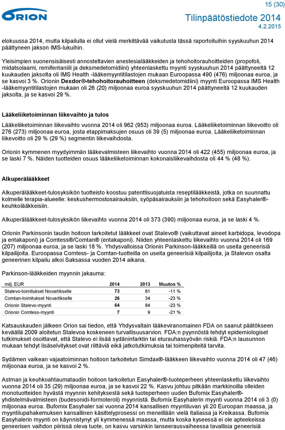 päättyneeltä 12 kuukauden jaksolta oli IMS Health -lääkemyyntitilastojen mukaan Euroopassa 490 (476) miljoonaa euroa, ja se kasvoi 3 %.