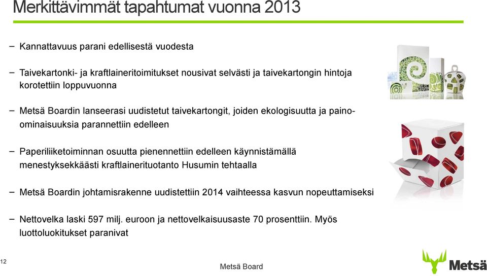 edelleen Paperiliiketoiminnan osuutta pienennettiin edelleen käynnistämällä menestyksekkäästi kraftlainerituotanto Husumin tehtaalla Metsä Boardin