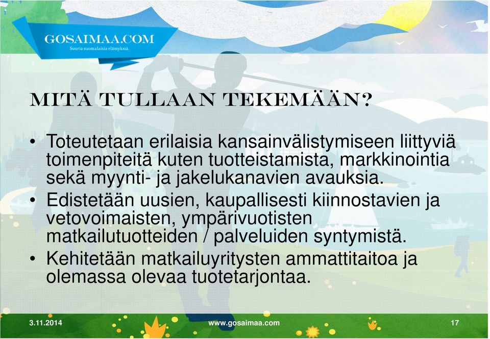 markkinointia sekä myynti- ja jakelukanavien avauksia.