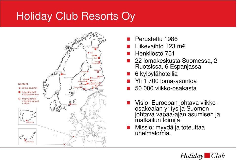 loma-asuntoa 50 000 viikko-osakasta Visio: Euroopan johtava viikkoosakealan yritys