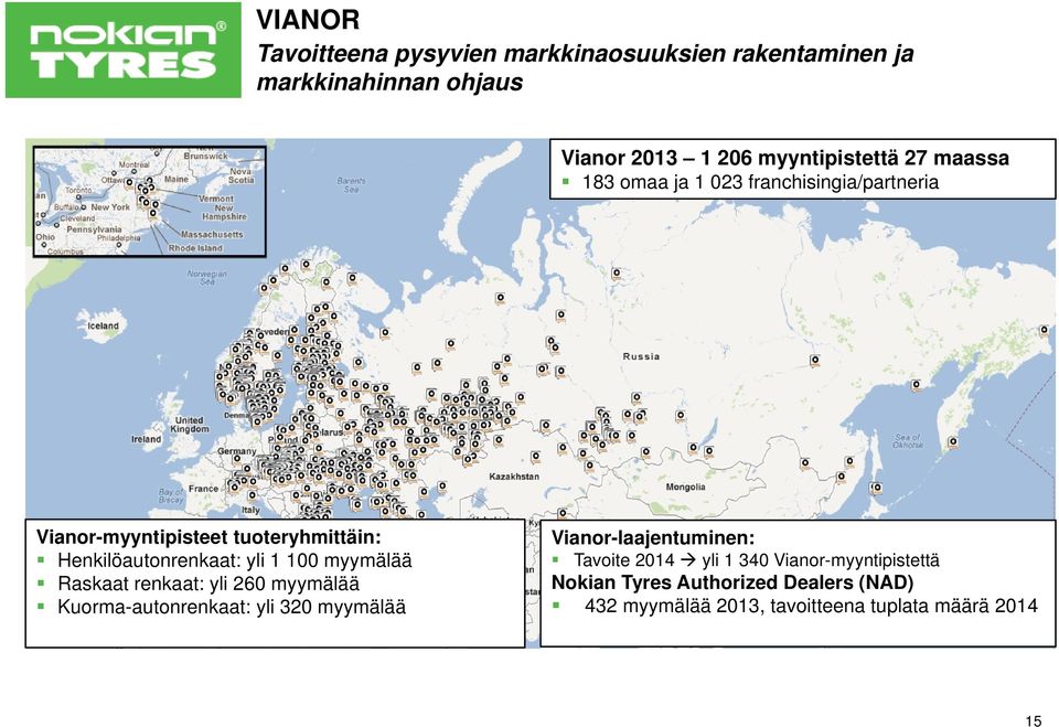 100 myymälää Raskaat renkaat: yli 260 myymälää Kuorma-autonrenkaat: yli 320 myymälää Vianor-laajentuminen: Tavoite