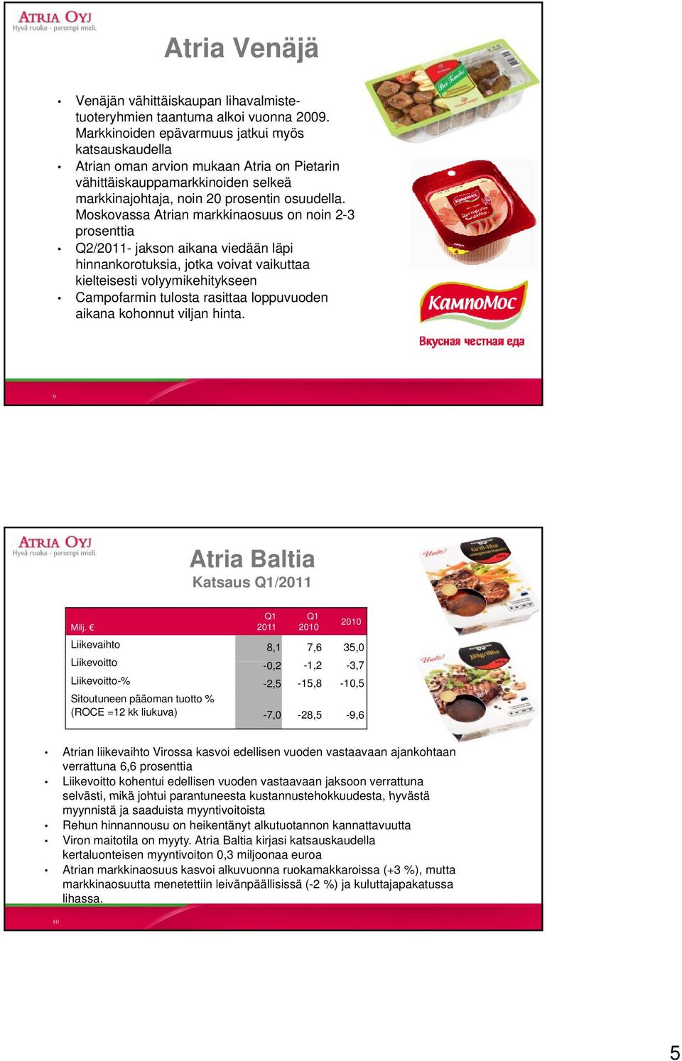 Moskovassa Atrian markkinaosuus on noin 2-3 prosenttia Q2/- jakson aikana viedään läpi hinnankorotuksia, jotka voivat vaikuttaa kielteisesti volyymikehitykseen Campofarmin tulosta rasittaa