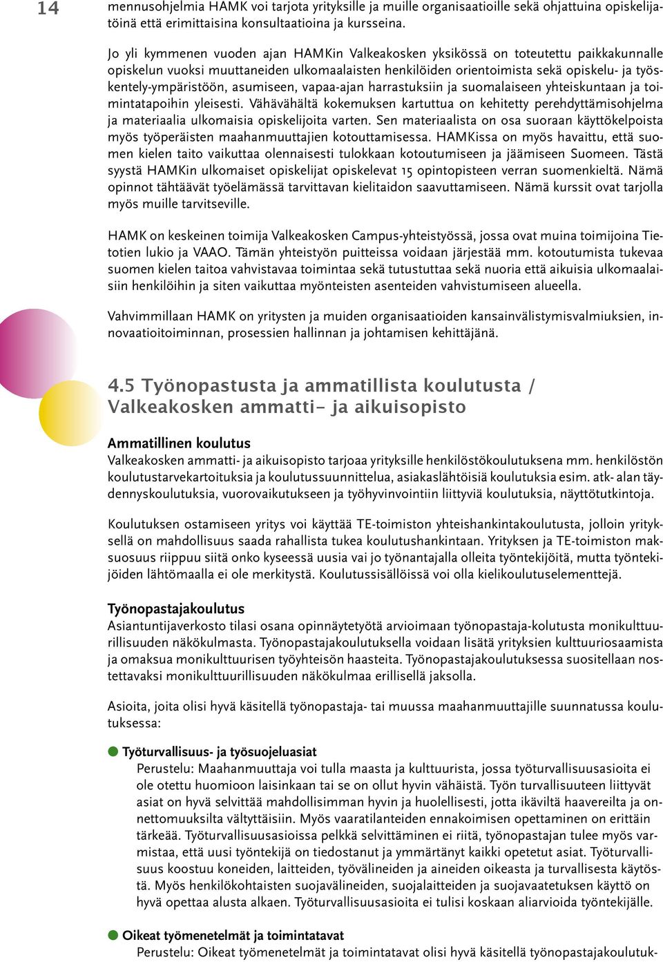 työskentely-ympäristöön, asumiseen, vapaa-ajan harrastuksiin ja suomalaiseen yhteiskuntaan ja toimintatapoihin yleisesti.