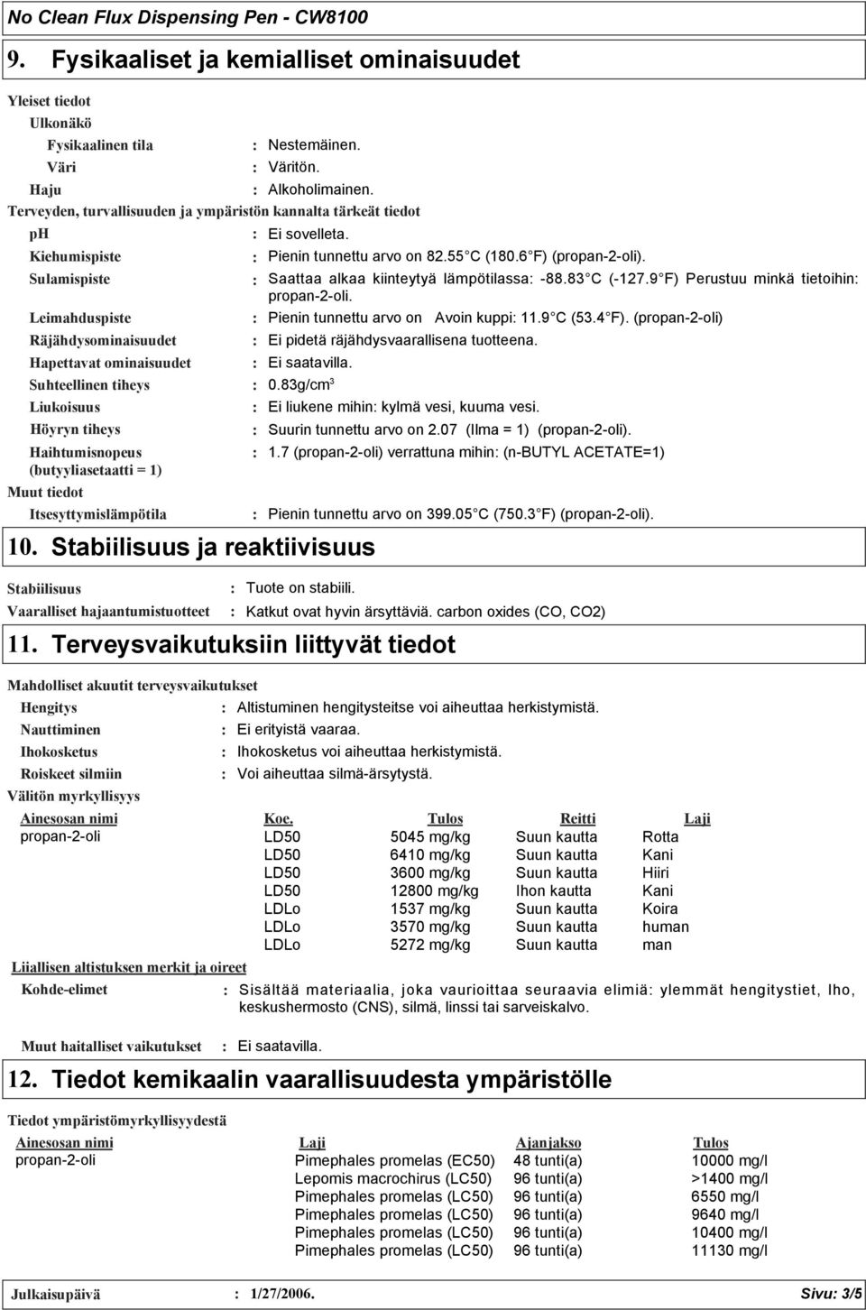 Muut tiedot 10. Itsesyttymislämpötila Stabiilisuus Vaaralliset hajaantumistuotteet 11. Pienin tunnettu arvo on 82.55 C (180.6 F) (propan2oli). Saattaa alkaa kiinteytyä lämpötilassa 88.8 C (127.