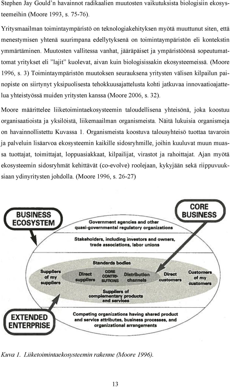 Muutosten vallitessa vanhat, jääräpäiset ja ympäristöönsä sopeutumattomat yritykset eli lajit kuolevat, aivan kuin biologisissakin ekosysteemeissä. (Moore 1996, s.