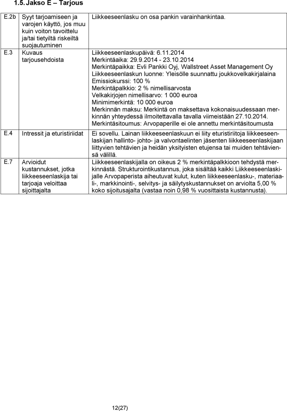 2014 Merkintäpaikka: Evli Pankki Oyj, Wallstreet Asset Management Oy Liikkeeseenlaskun luonne: Yleisölle suunnattu joukkovelkakirjalaina Emissiokurssi: 100 % Merkintäpalkkio: 2 % nimellisarvosta