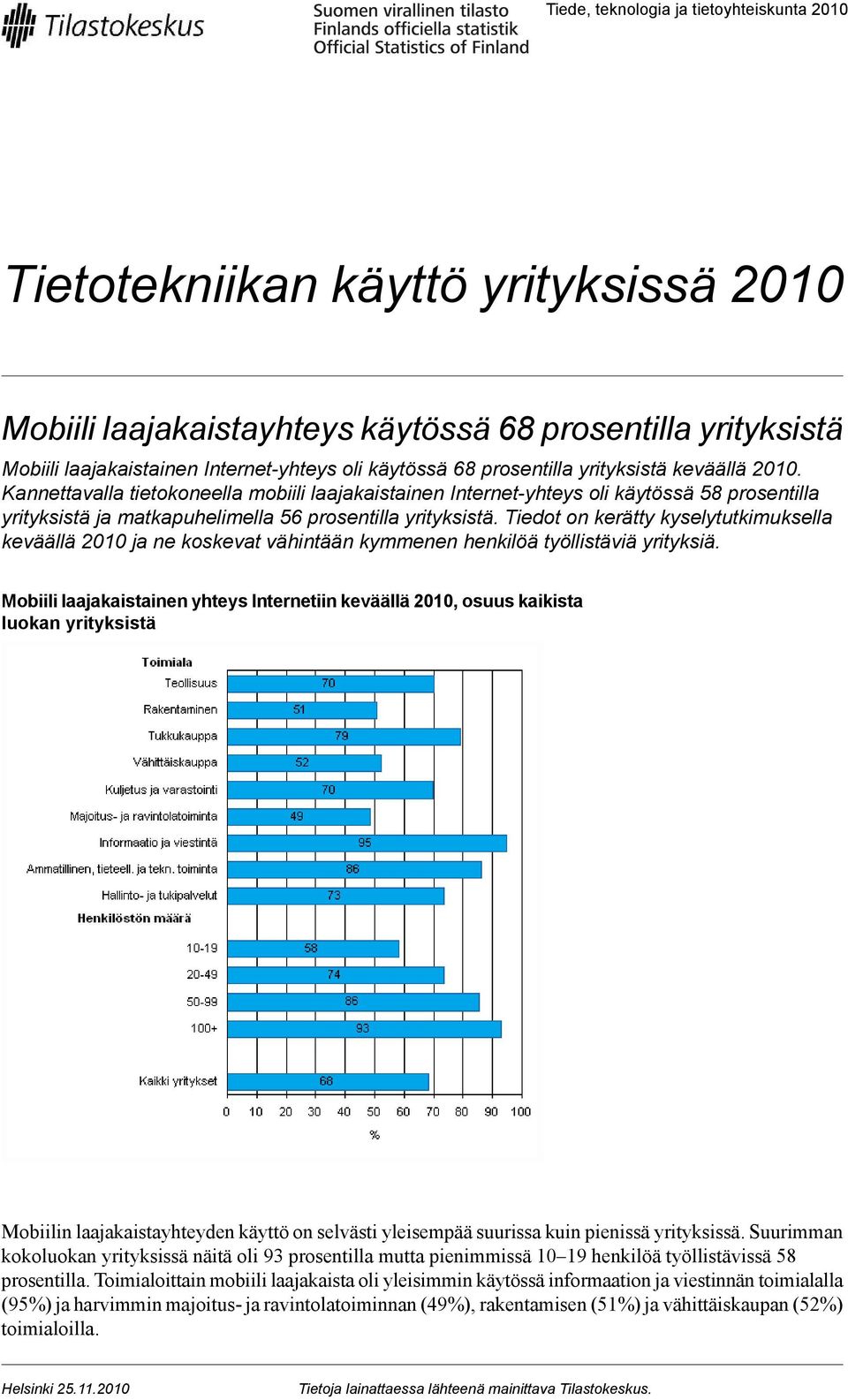 Tiedot on kerätty kyselytutkimuksella keväällä 2010 ja ne koskevat vähintään kymmenen henkilöä työllistäviä yrityksiä.