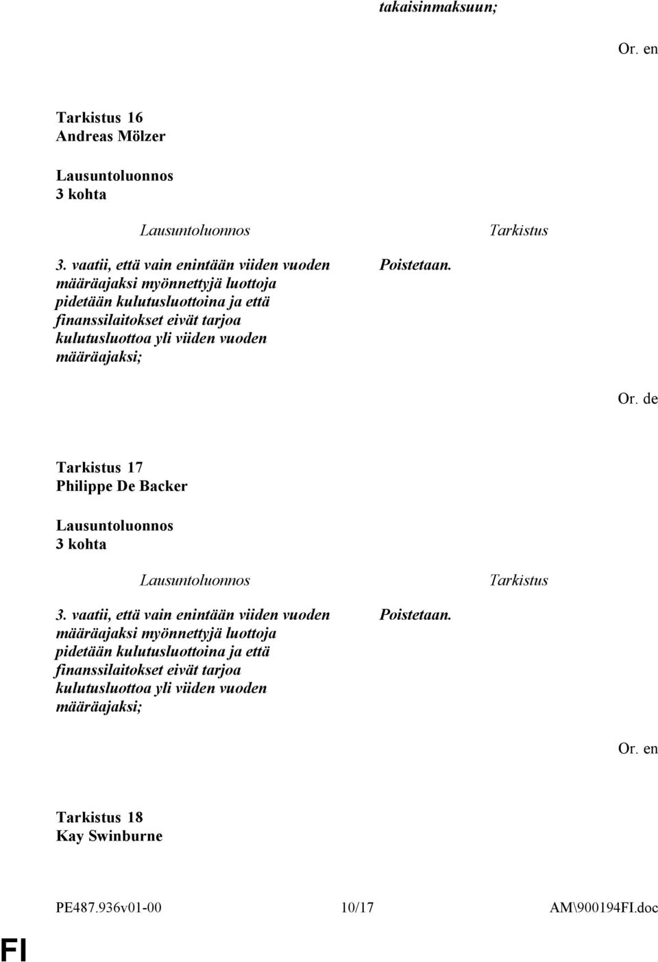 eivät tarjoa kulutusluottoa yli viiden vuoden määräajaksi; Poistetaan. Or. de 17 3 kohta 3.