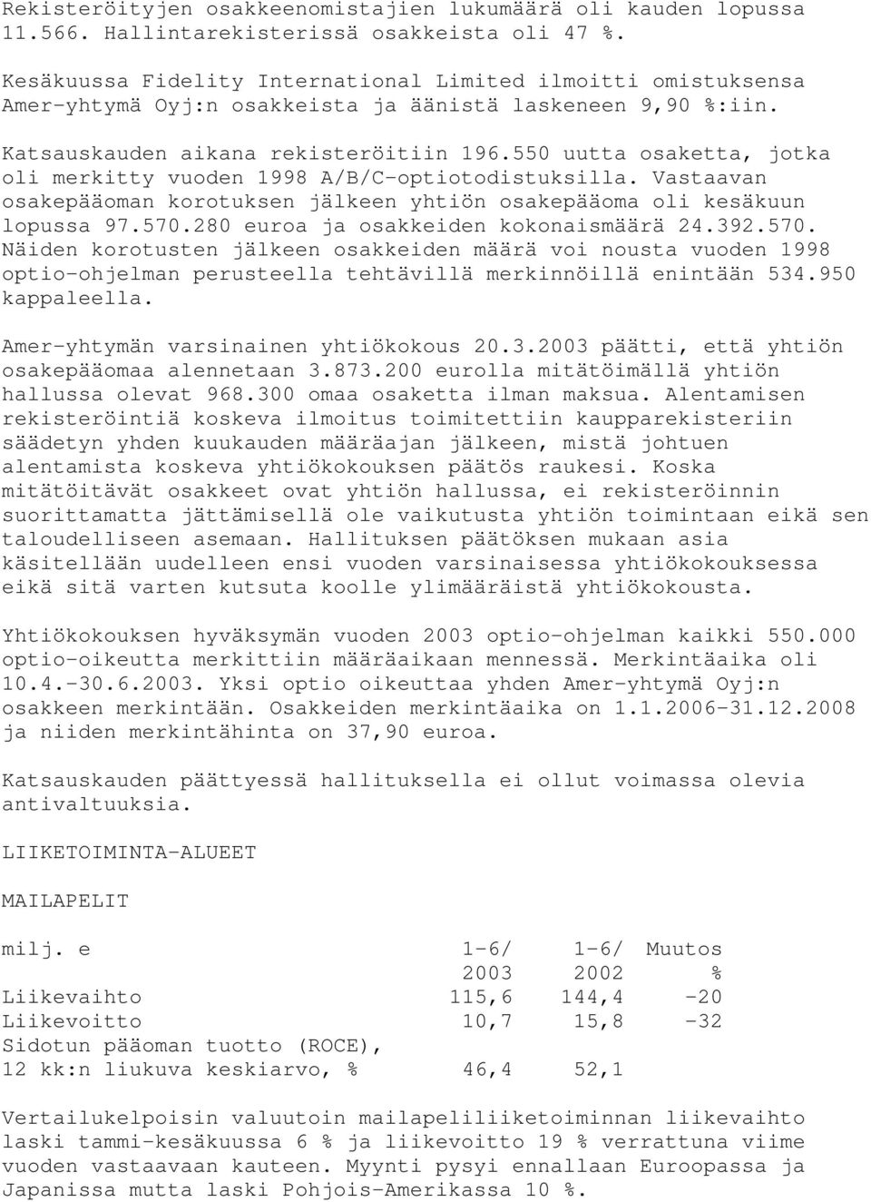 550 uutta osaketta, jotka oli merkitty vuoden 1998 A/B/C-optiotodistuksilla. Vastaavan osakepääoman korotuksen jälkeen yhtiön osakepääoma oli kesäkuun lopussa 97.570.