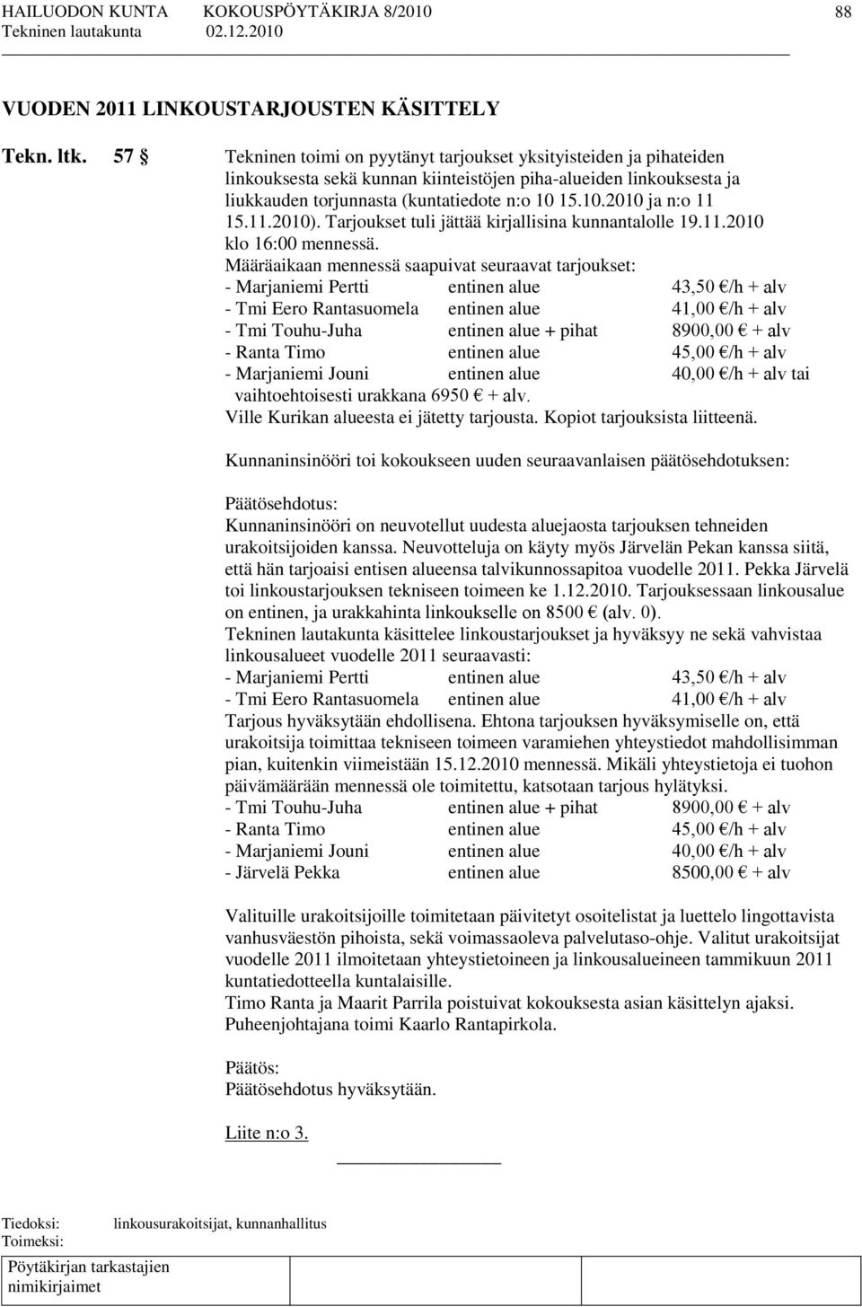 15.10.2010 ja n:o 11 15.11.2010). Tarjoukset tuli jättää kirjallisina kunnantalolle 19.11.2010 klo 16:00 mennessä.