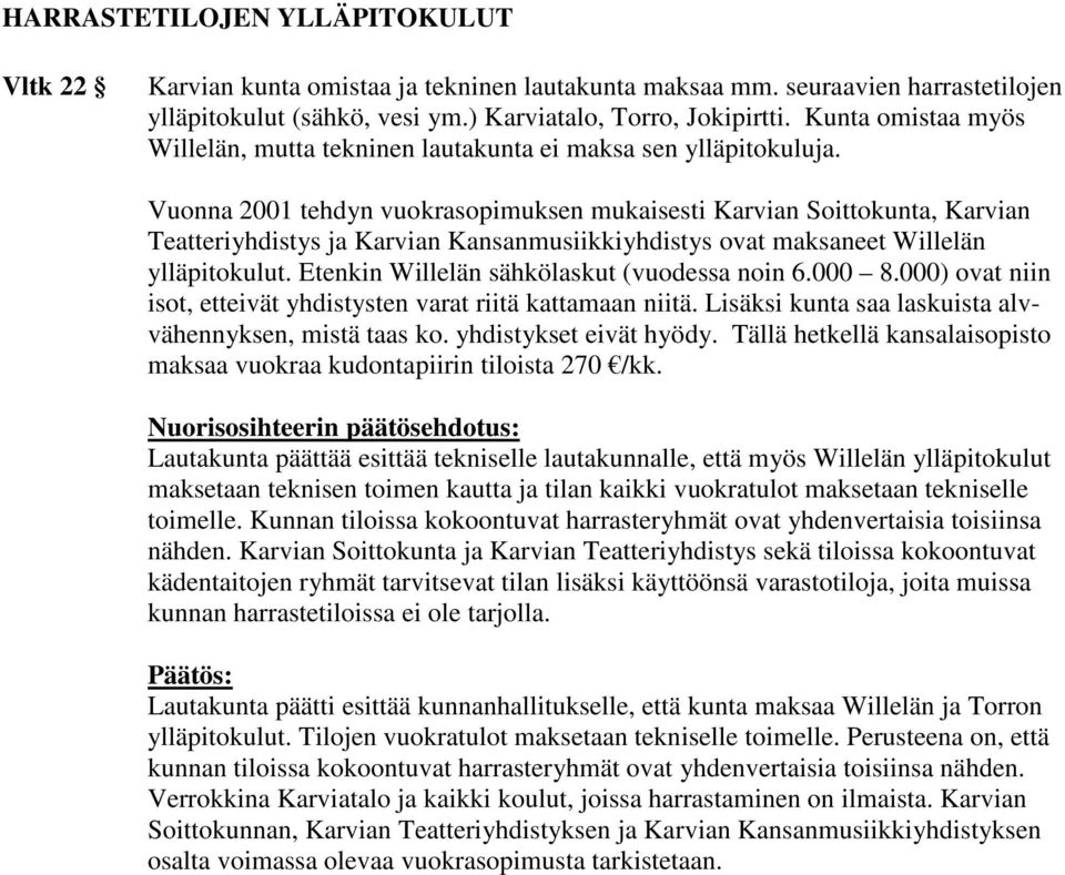 Vuonna 2001 tehdyn vuokrasopimuksen mukaisesti Karvian Soittokunta, Karvian Teatteriyhdistys ja Karvian Kansanmusiikkiyhdistys ovat maksaneet Willelän ylläpitokulut.