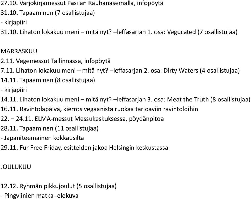 11. Lihaton lokakuu meni mitä nyt? leffasarjan 3. osa: Meat the Truth (8 osallistujaa) 16.11. Ravintolapäivä, kierros vegaanista ruokaa tarjoaviin ravintoloihin 22. 24.11. ELMA-messut Messukeskuksessa, pöydänpitoa 28.