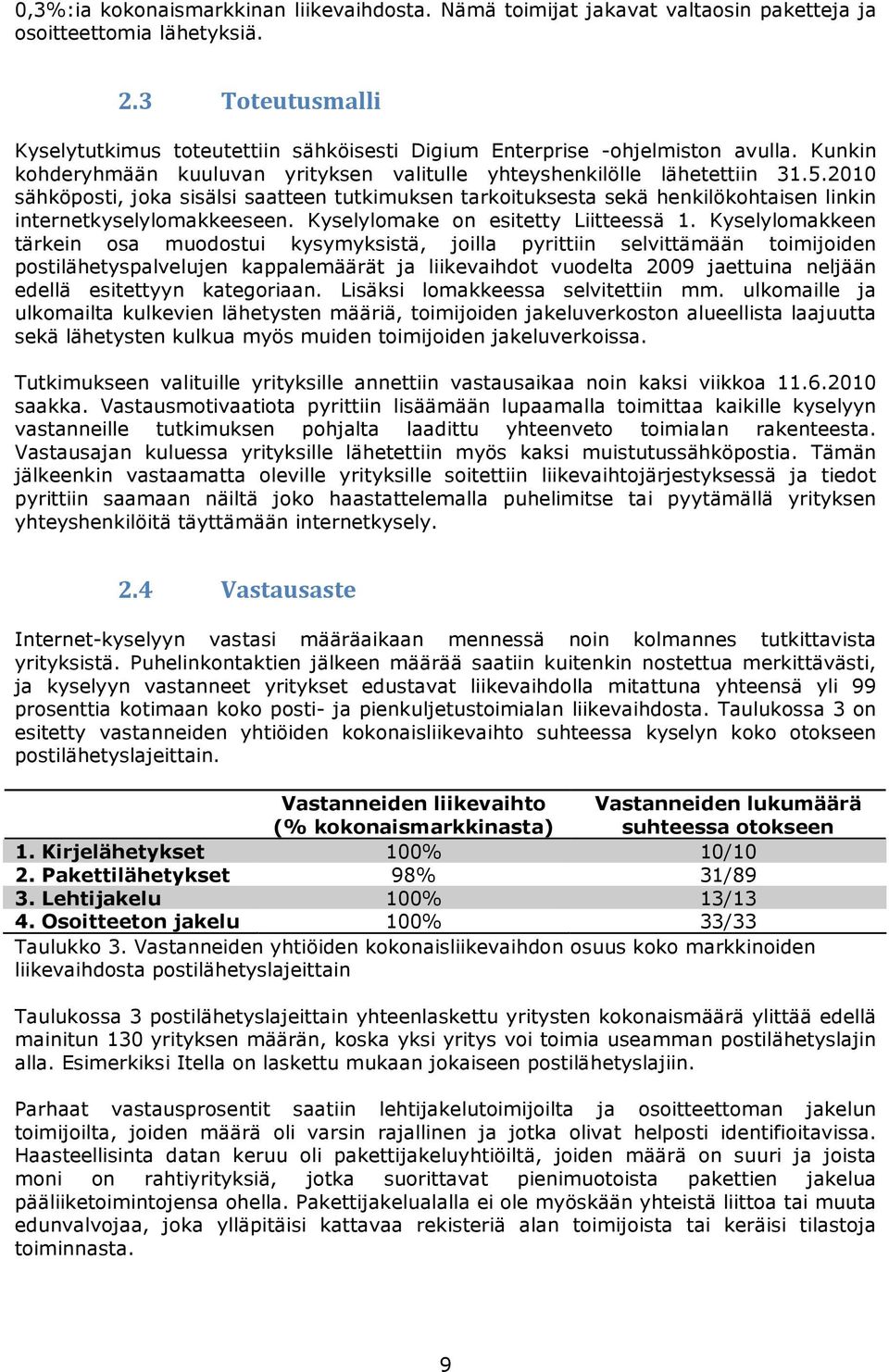 2010 sähköposti, joka sisälsi saatteen tutkimuksen tarkoituksesta sekä henkilökohtaisen linkin internetkyselylomakkeeseen. Kyselylomake on esitetty Liitteessä 1.