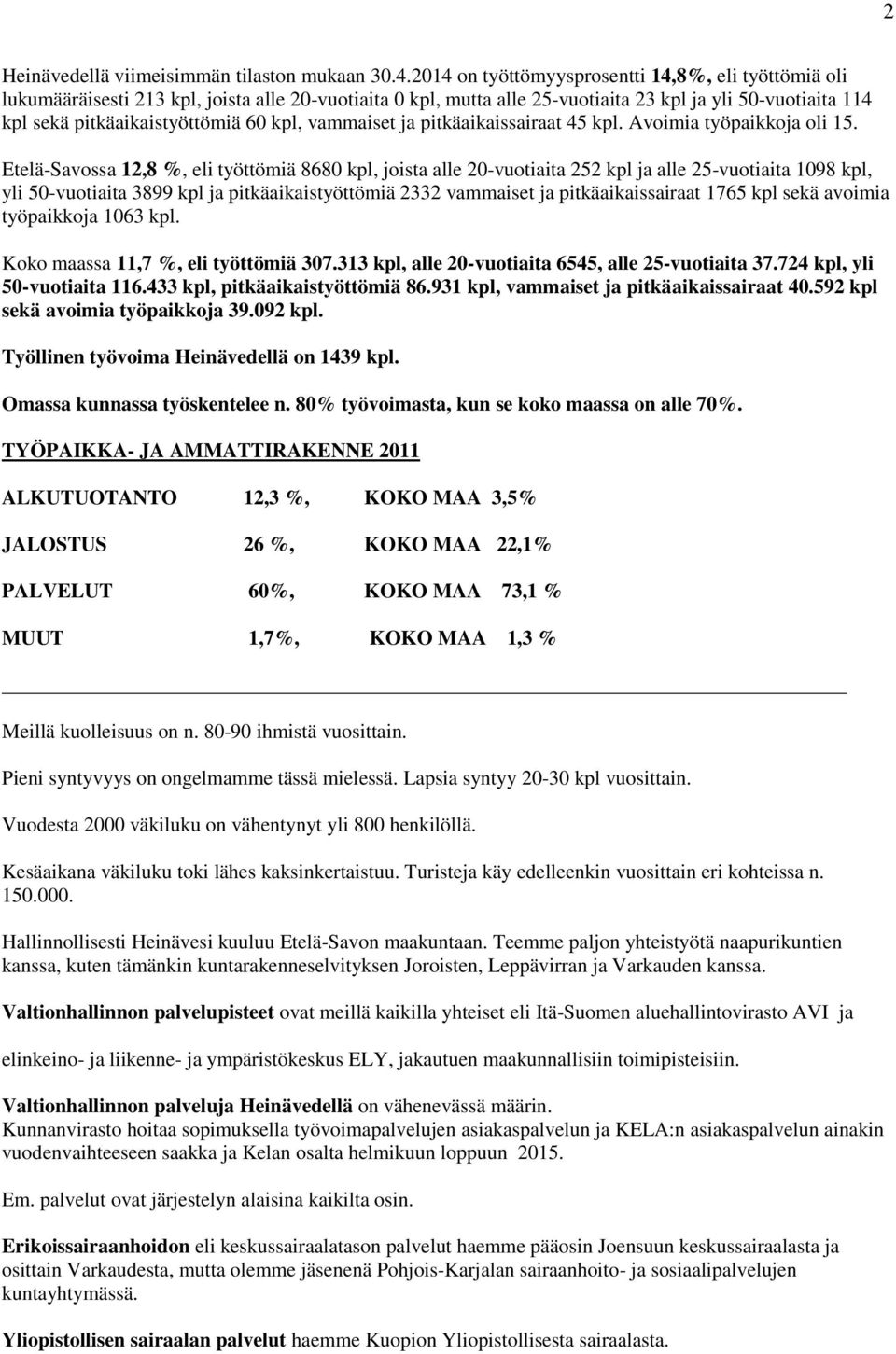 kpl, vammaiset ja pitkäaikaissairaat 45 kpl. Avoimia työpaikkoja oli 15.