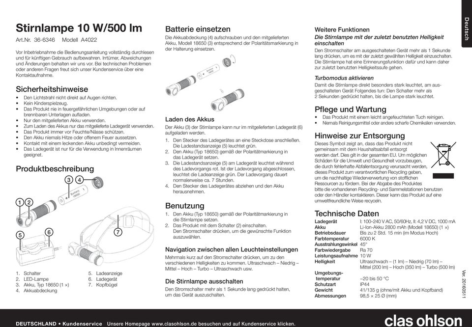 Sicherheitshinweise Den Lichtstrahl nicht direkt auf Augen richten. Kein Kinderspielzeug. Das Produkt nie in feuergefährlichen Umgebungen oder auf brennbaren Unterlagen aufladen.