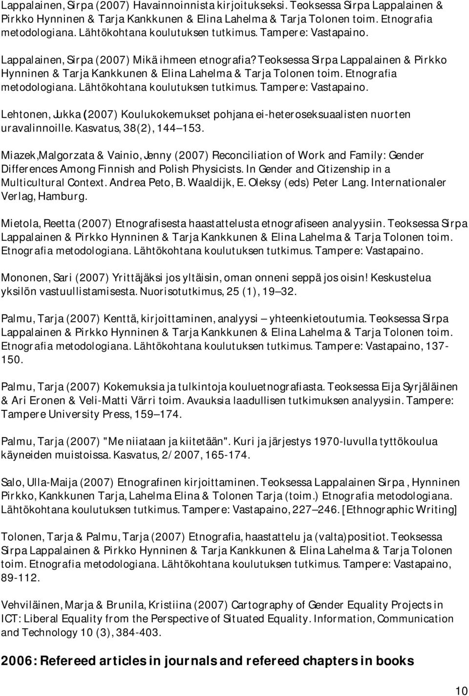 Teoksessa Sirpa Lappalainen & Pirkko Hynninen & Tarja Kankkunen & Elina Lahelma & Tarja Tolonen toim. Etnografia metodologiana. Lähtökohtana koulutuksen tutkimus. Tampere: Vastapaino.