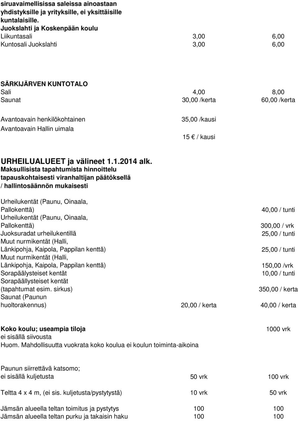 Hallin uimala 35,00 /kausi 15 / kausi URHEILUALUEET ja välineet 1.1.2014 alk.